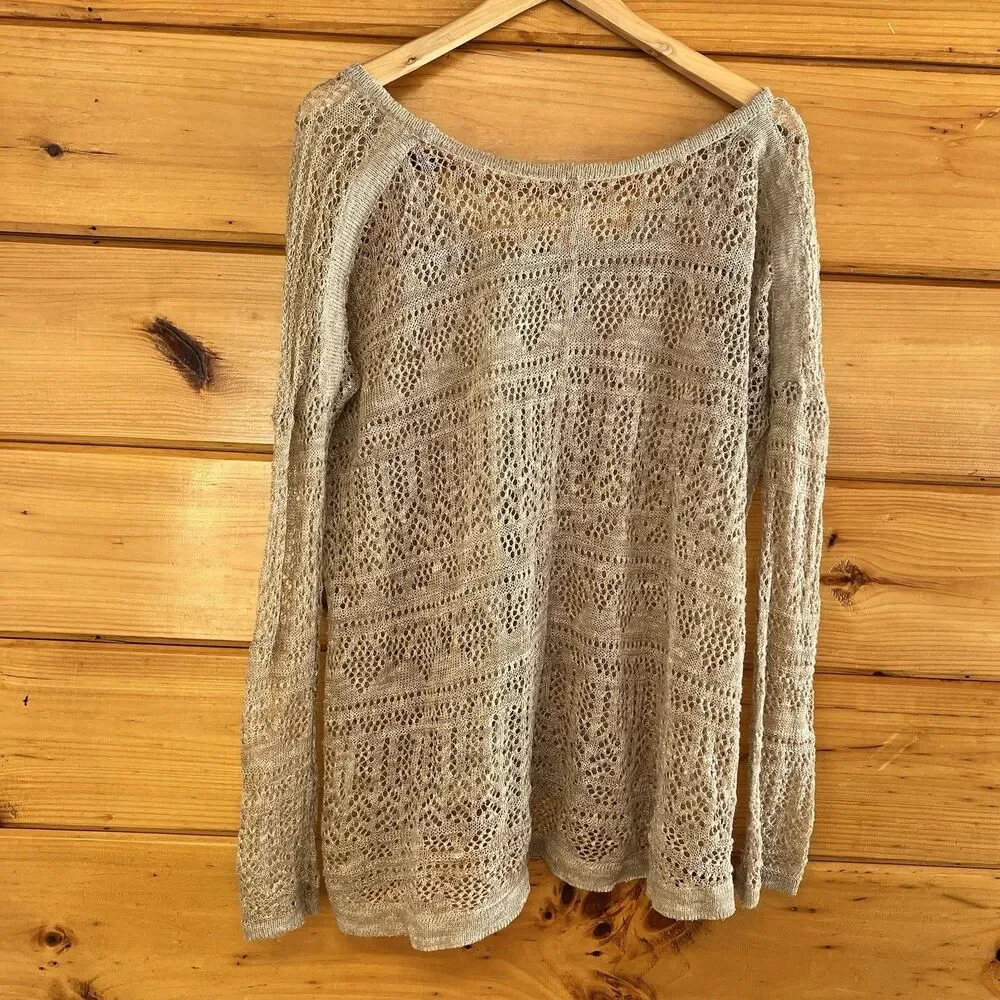 Free People Natural Waterfalls Long Sleeve Knit Crochet Blouse Tan Womens Size S